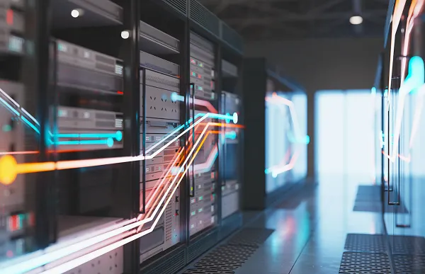 Data servers with glowing network connections